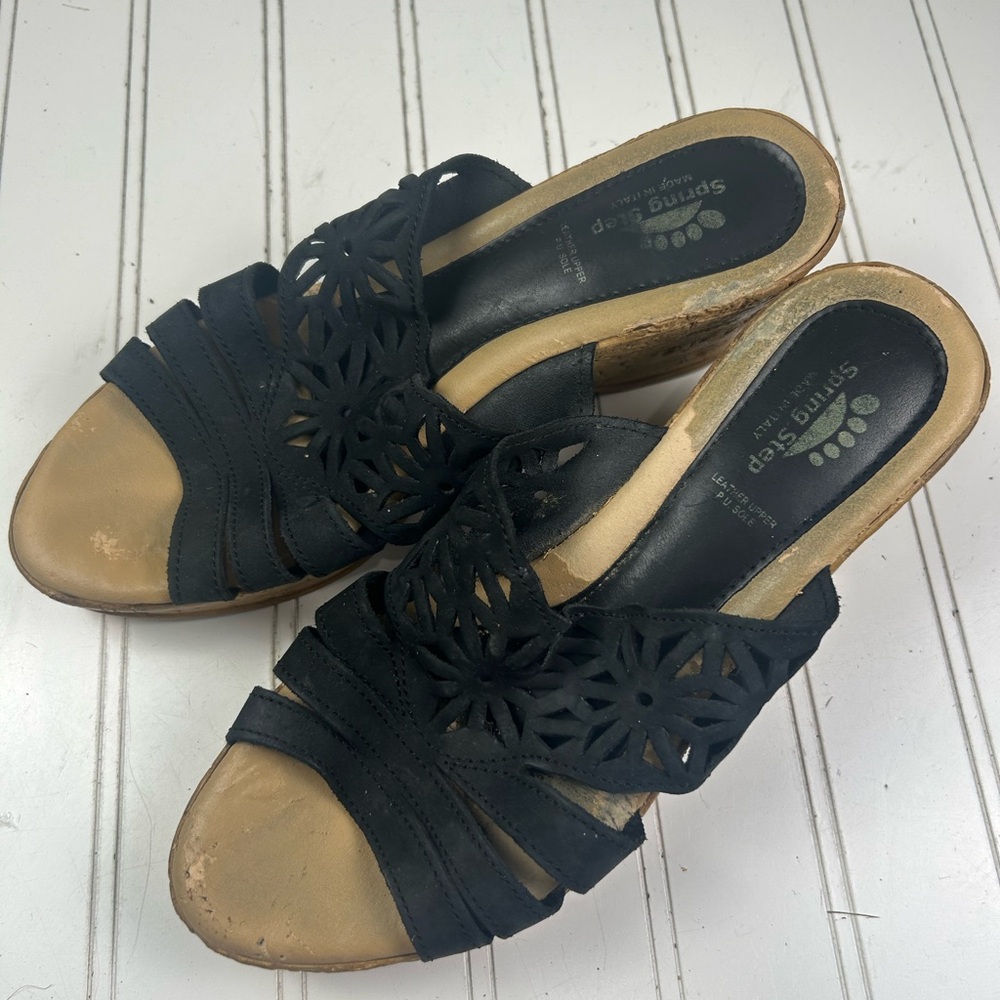 Spring Step Dora Black Leather Cork Wedge Platform Sandals Women’s Size EU 39 8 - Picture 5 of 13